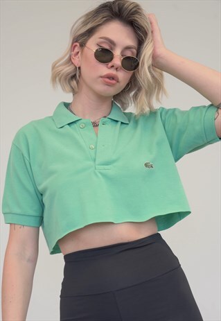 VINTAGE REWORKED LACOSTE CROP TOP POLO SHIRT IN GREEN