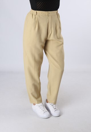 HIGH WAISTED TROUSERS PLAIN WIDE TAPERED LEG UK 10 (DK5A)
