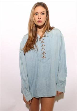 VINTAGE 1980'S 80'S BLUE DENIM PIRATE SHIRT CORSET TUNIC OS