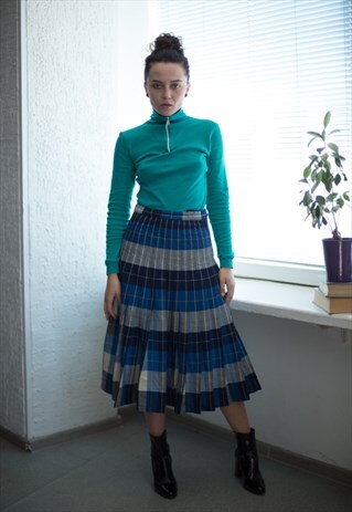 VINTAGE 80'S BLUE PLAID REVERSABLE MIDI SKIRT