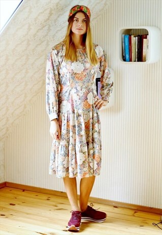 PASTEL FLORAL MIDI VINTAGE DRESS
