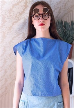 Bright blue cotton top blouse with white dots