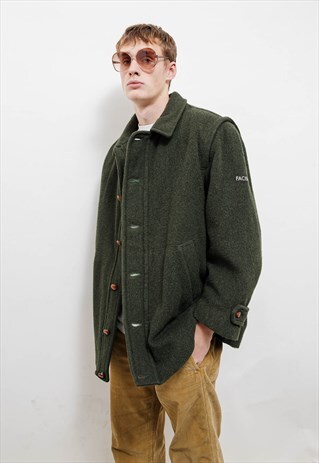 VINTAGE 80S HUNTER WOOL GREEN BUTTON UP SHORT COAT MEN XL