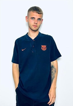 Nike Barcelona Button Navy Stripe Polo Football Shirt 