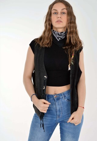 VINTAGE 90'S REAL SUEDE LEATHER CONCHO FRINGE WAISTCOAT