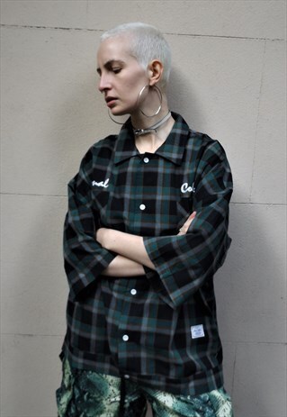 LOOSE FIT OVERSIZE SHORT SLEEVE TARTAN CHECK PRINT SHIRT TOP