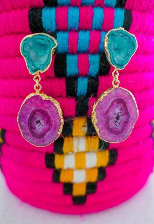 GEMSTONE VIOLET TURQUOISE GOLD STATEMENT EARRINGS