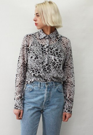 VINTAGE 90' AMAZING BEAUTIFUL TRANSPARENT GREY CHEETAH SHIRT