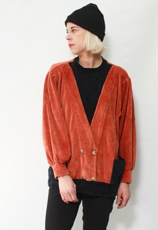 VINTAGE 80' AMAZING ORANGE VELOUR BLOUSE WITH POCKETS