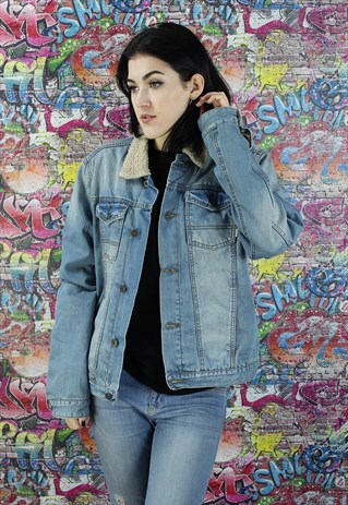 VINTAGE 80S LIGHT BLUE SHERPA FLEECE LINED DENIM JACKET.
