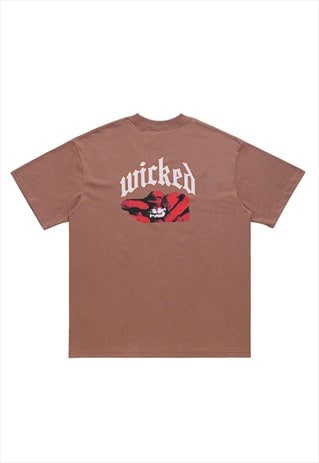 Wicked slogan t-shirt fang print tee utility top in brown
