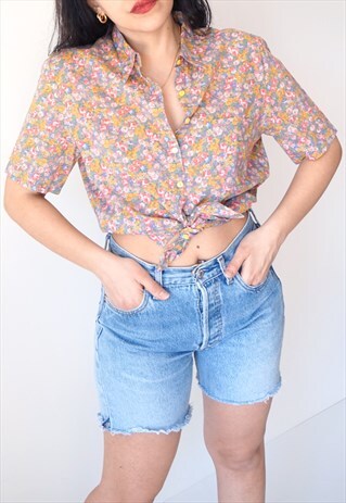 VINTAGE PASTEL FLORAL ROMANTIC MINIMAL COTTON SHIRT S