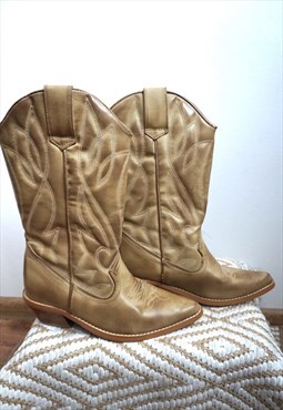 Vintage Faux Leather Cowboy Western Boots Shoes Cowgirl