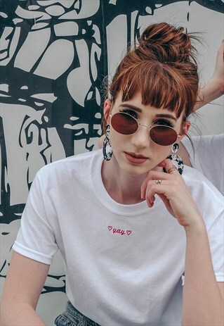 YAY EMBROIDERED SLOGAN WHITE T-SHIRT