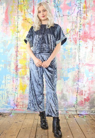 TROUSERS & TOP CO-ORDINATES IN SILVER BLUE VELVET