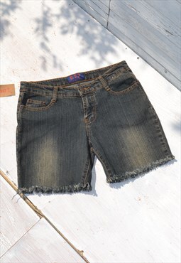 Deadstock dusty dirty blue mid rise stretch cut off shorts