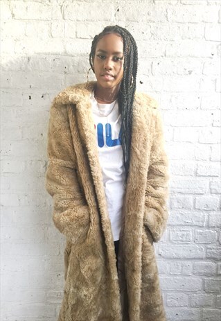 LONGLINE FAUX FUR TEDDY JACKET/COAT (BEIGE BROWN/1970'S)