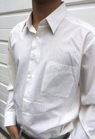 MENS VINTAGE WHITE CREAM STRIPY LONG SLEEVE BUTTON UP SHIRT