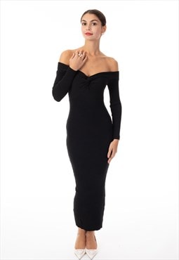 Soft Knit off the shoulder neckline long bodycon dress