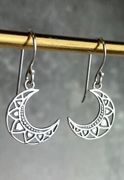 Silver Mandala Crescent Moon Earrings Celestial Jewellery