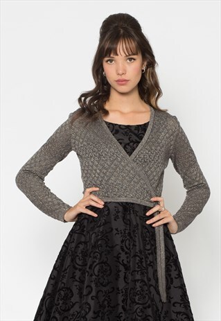 GREY SHIMMERY POINTELLE WRAP CARDIGAN