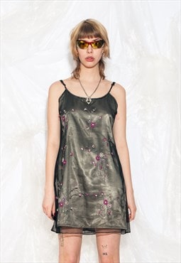 Vintage Y2K Slip Dress in Grey Floral Mesh Fairycore