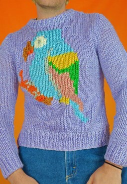 Vintage Chunky Knit Colourful Parrot Print Animal Jumper