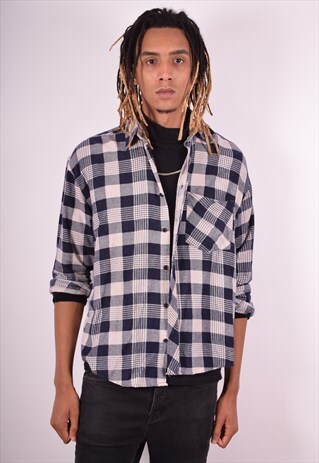 MENS VINTAGE FLANNEL SHIRT LARGE BLUE CHECK 90S