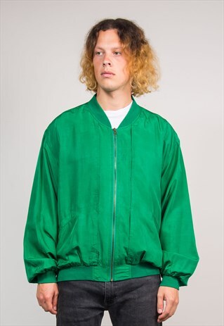 90'S BRIGHT GREEN VINTAGE SILK BOMBER JACKET