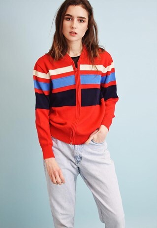 70'S RETRO RED KNITTED STRIPED WOOLLEN CARDIGAN TOP