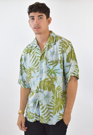 VINTAGE 90S BLUE GREEN HAWAIIAN PATTERNED SHIRT