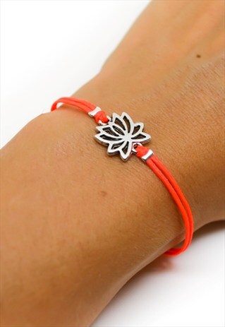 SILVER LOTUS BRACELET WITH A BRIGHT PEACH CORD, GIFT FOR HER