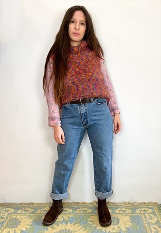 VINTAGE 90'S RAINBOW FLUFFY SLEEVELESS JUMPER - M