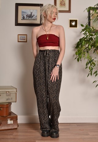 VINTAGE FLORAL PATTERNED ELASTICATED WAIST TROUSERS IN BEIGE