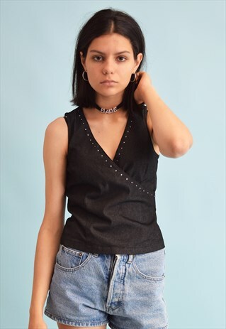 90'S RETRO KITSCH FESTIVAL DENIM SLEEVELESS TOP