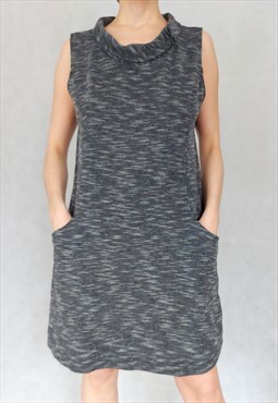Vintage Y2K Gray Ribbed Mock Neck Dress with Pockets, Medium