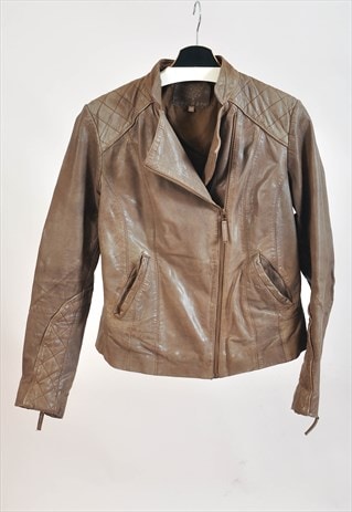 VINTAGE 00S REAL LEATHER BIKER JACKET IN BROWN