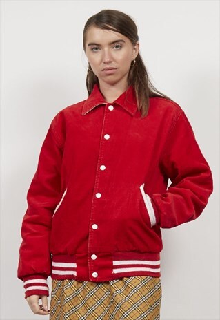 VINTAGE 80'S RED CORDUROY VARSITY BOMBER JACKET