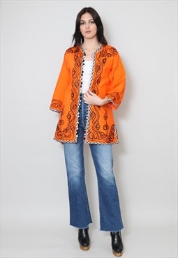 70's Vintage Festival Jacket Orange Folk Style Embroidery 