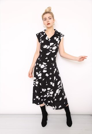 VINTAGE 90S BLACK FLORAL BUTTON MIDI DRESS