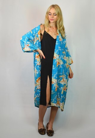 VINTAGE 70S BLUE PATTERN BOHO LONG KIMONO