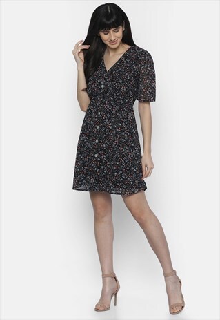 IS.U BLACK V-NECK BUTTON DOWN DRESS