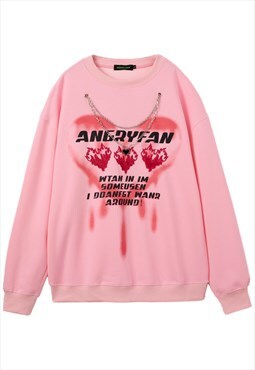 Heart print sweatshirt metal chain jumper retro top in pink
