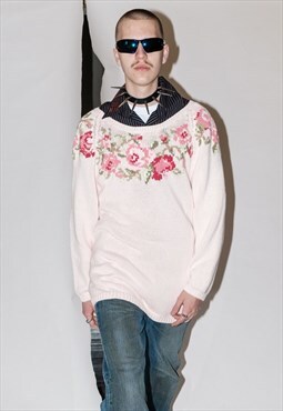 90's Vintage cute retro pixel rose knit sweater in cream