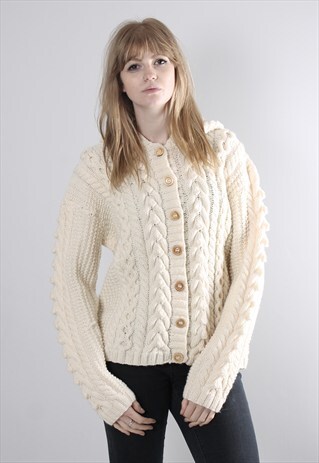 VINTAGE 80S CREAM CABLE KNIT HOODED WOOL CARDIGAN