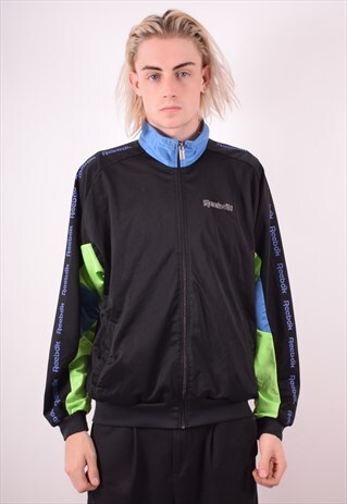 REEBOK MENS VINTAGE TRACKSUIT TOP JACKET LARGE BLACK 90S