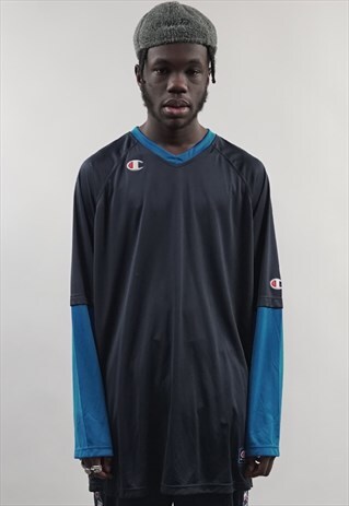 VINTAGE 90'S CHAMPION BLUE V-NECK LONG-SLEEVE T-SHIRT