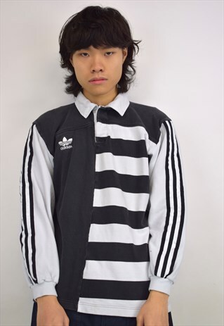 VINTAGE 90S ADIDAS BLACK/WHITE STRIPE POLO SWEATSHIRT