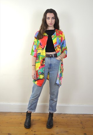 1980S VINTAGE ART LANDSCAPE COLOURFUL ABSTRACT PRINTED SHIRT