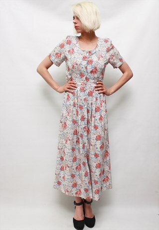 VINTAGE 60'S BEAUTIFUL CUTE PASTEL BLUE FLOWER MIDI DRESS